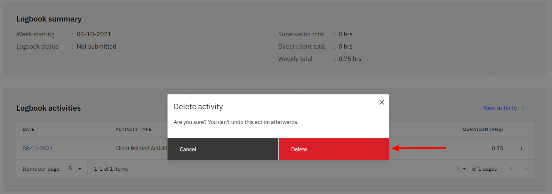Image showing the confirmation modal window to delete the activity