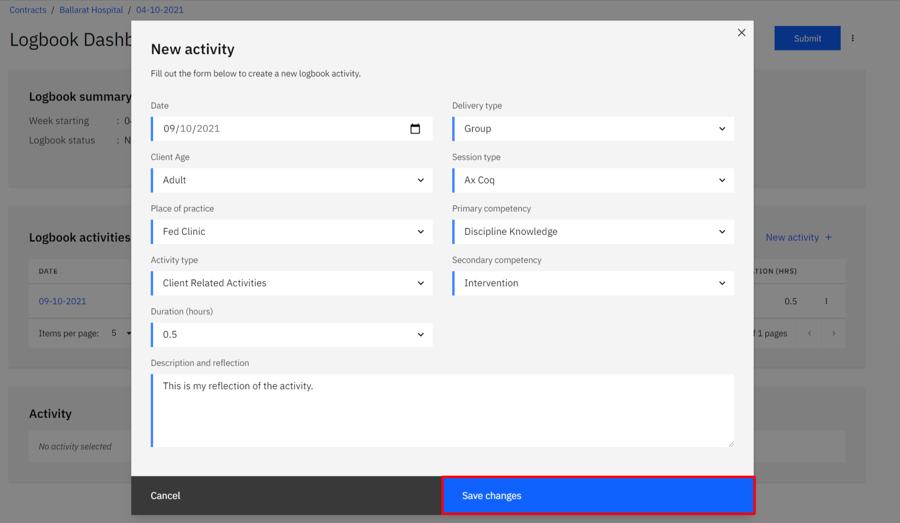 Image showing the modal window to edit the activity